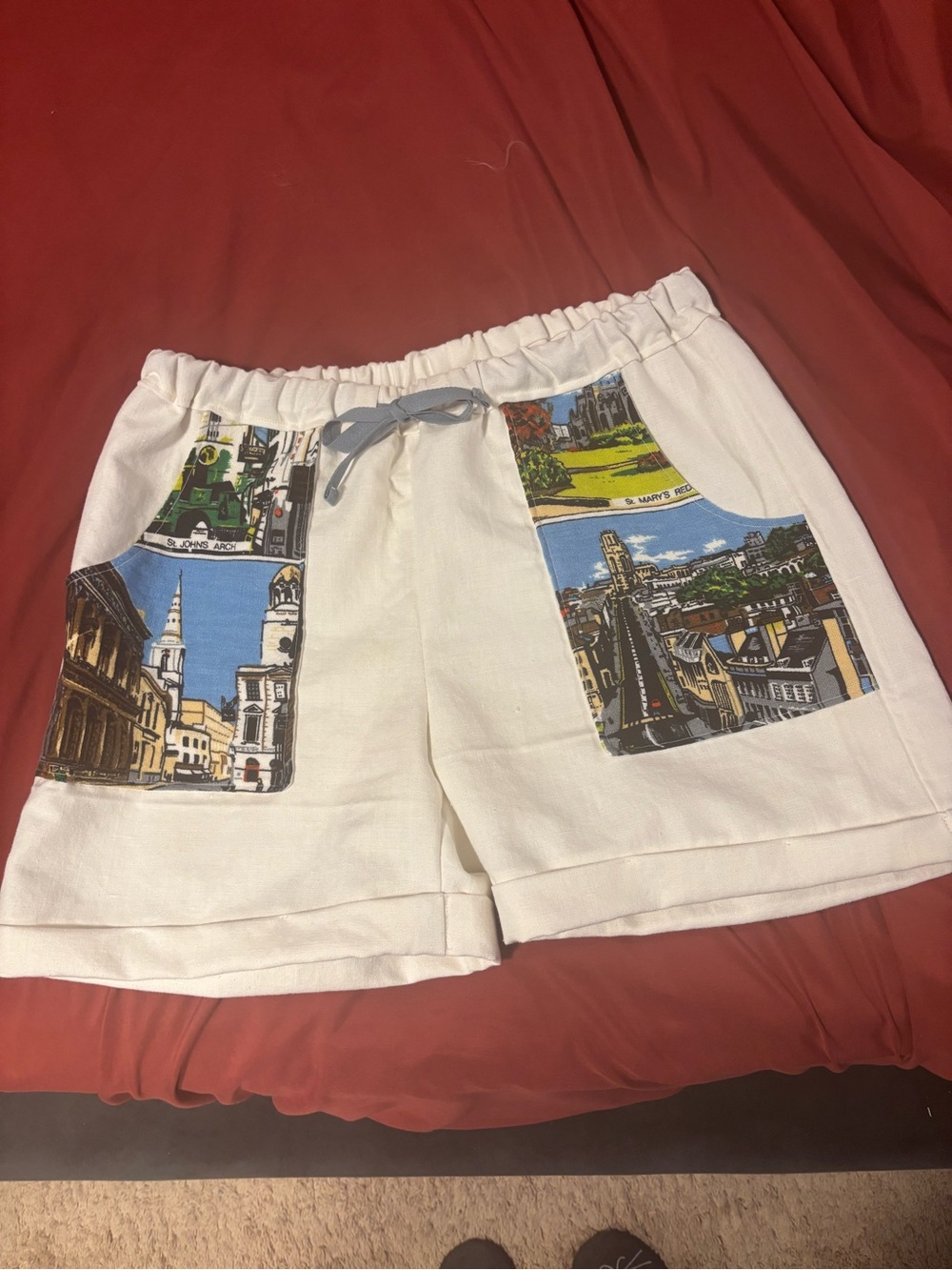 Women’s Upcycled Casual Shorts with Scenic Patch Pockets from kitchen linens